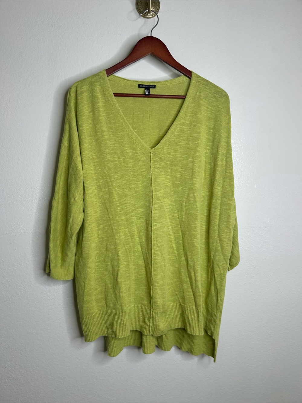 Eileen Fisher Organic Linen Cotton Chartreuse Slouchy V - Neck Knit Tunic Top